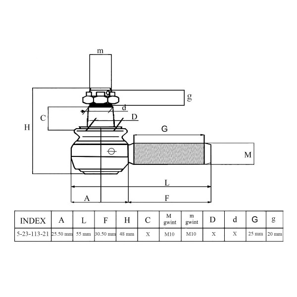 Rótula de dirección / 48 x 56 mm / Derecha / Kubota DC60 / DC70 / L4708 / M7040 / M9540 / 52300-75170 / 5-23-113-21