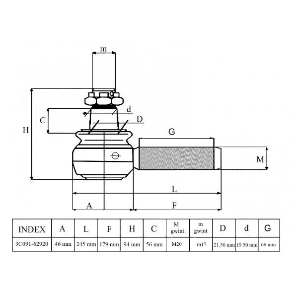 Końcówka drążka, M20, 245 mm, Kubota, M8040, M9540, 3C091-62920