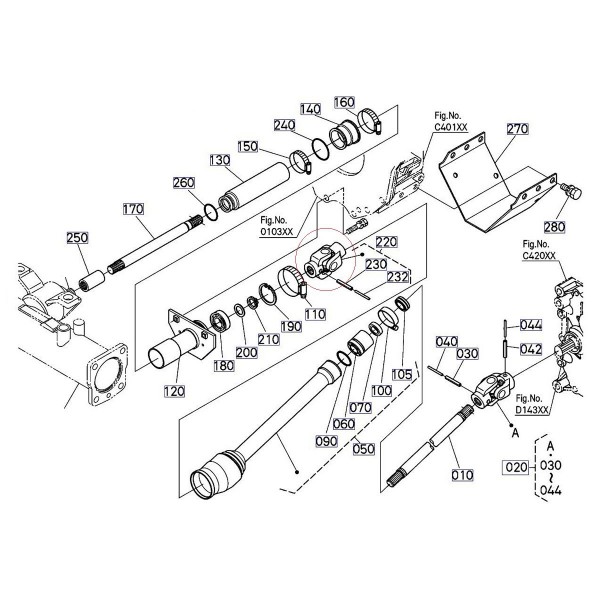 Kardanový hřídel 14T / 14T / 95 mm / Kubota B2420 / L3108 / L3408 / L4508 / M6040SU / M9540