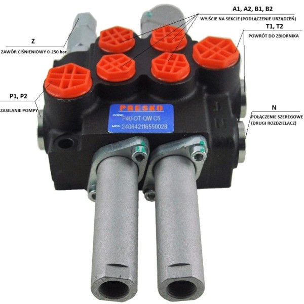 Hydraulický rozdělovač, 2-sekční, 40l/min, PRESKO, P40-2-OT-QW-C1