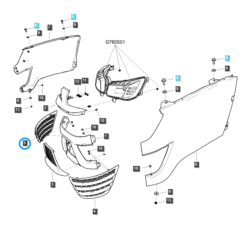 části karoserie - Dummy / pravý gril / TRG830 / LS Traktor / č. 40340672